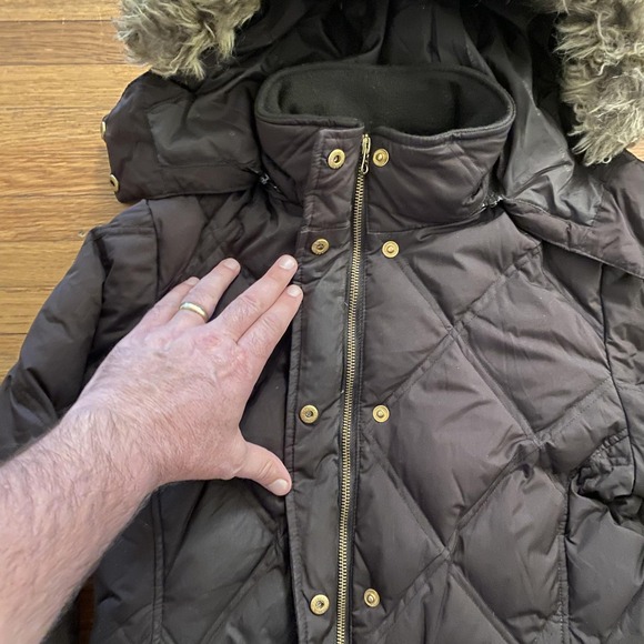 Lands' End Jacket Womens XS Petite Brown Quilted Down Faux Fur Hood Parka Zip - Picture 3 of 14
